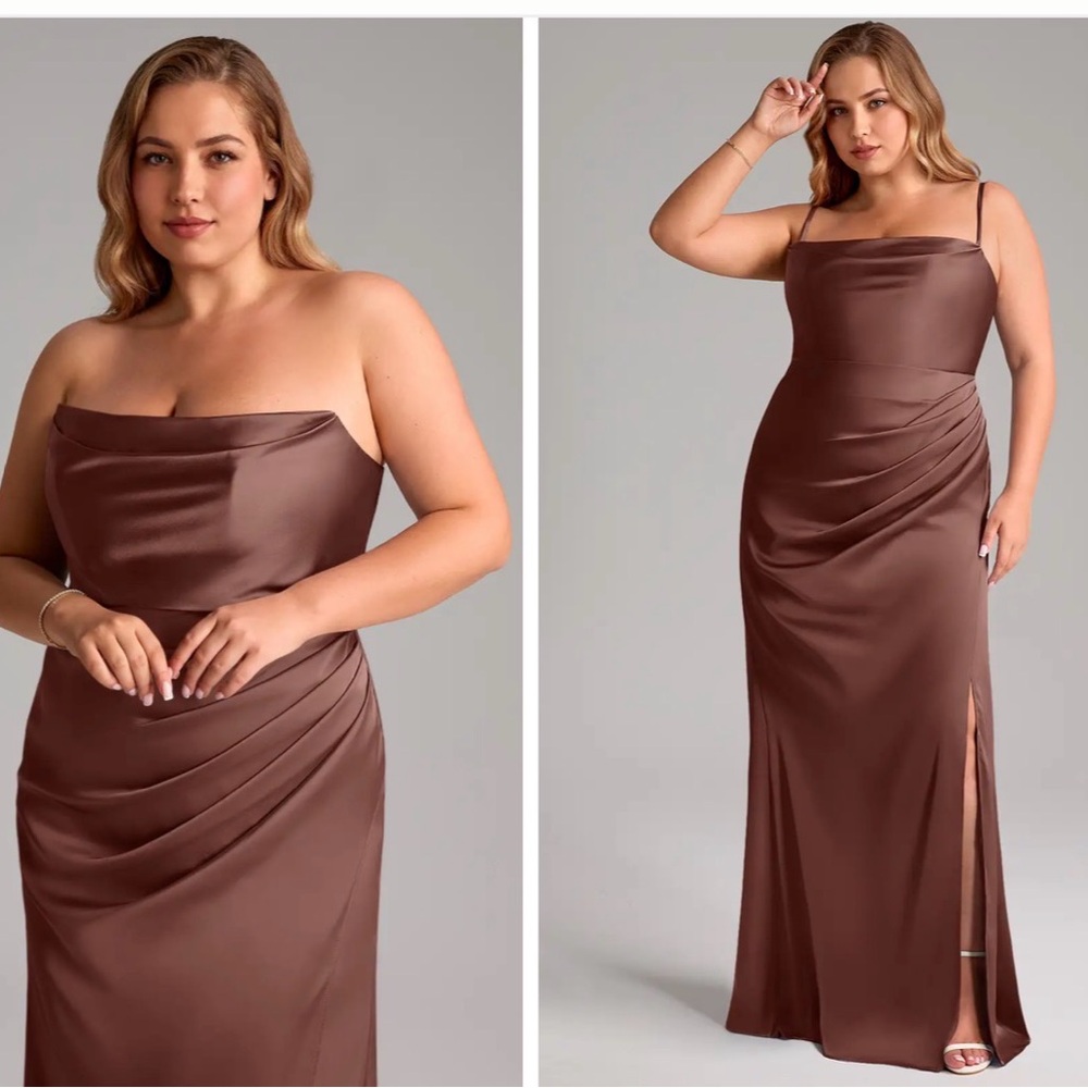 NWOT Azazie Leonis Espresso Mermaid Pleated Stretch Satin Convertible Dress 14 - Picture 2 of 11